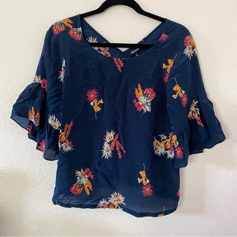 Madewell Silk Ruffle-Sleeve Top in Cactus Flower